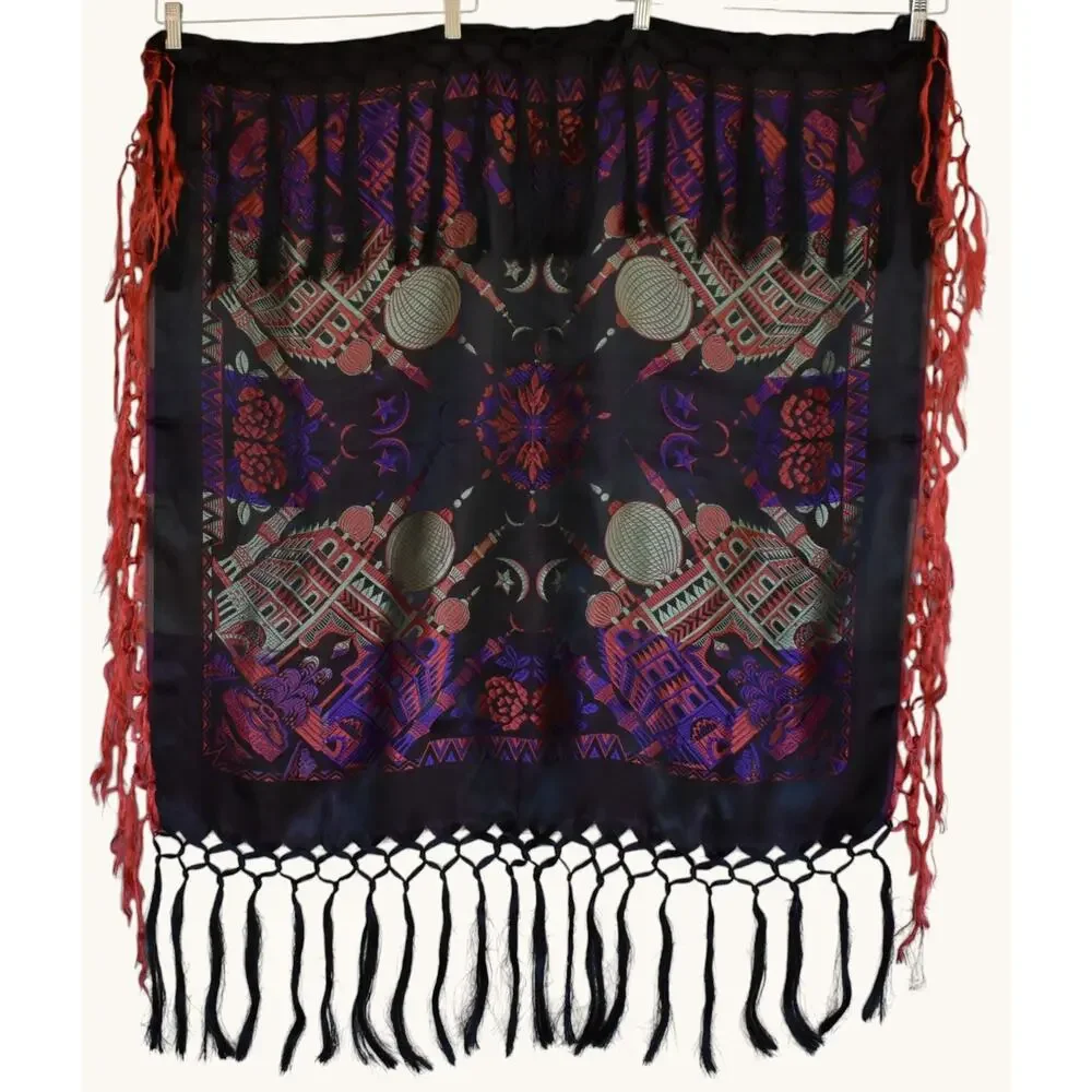 Vintage 40s Black and Purple Silk Taj Mahal Piano Shawl, WW2 Scarf, Fringed